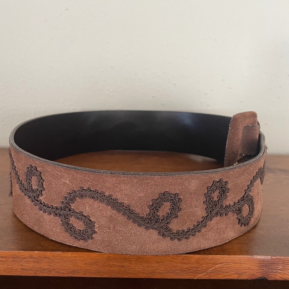 Vintage MAX MARA Belt Microsuede Embroidered Loop Design Wide Big Buckle *READ - Picture 7 of 15